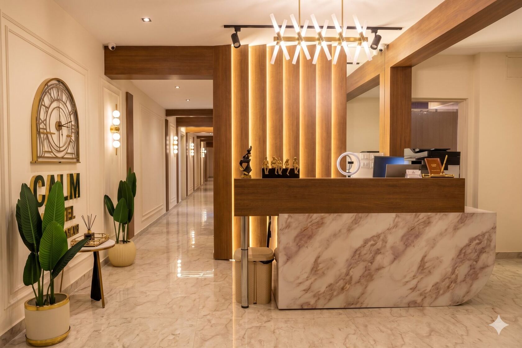 CALMA Hotel lobby with warm wood and brass sunburst emblem